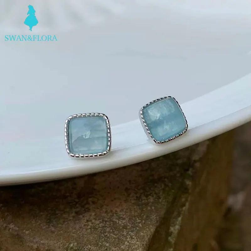 Aquamarine 925 Silver Stud Earrings Heart Shape Women Gift Healing Gemstone