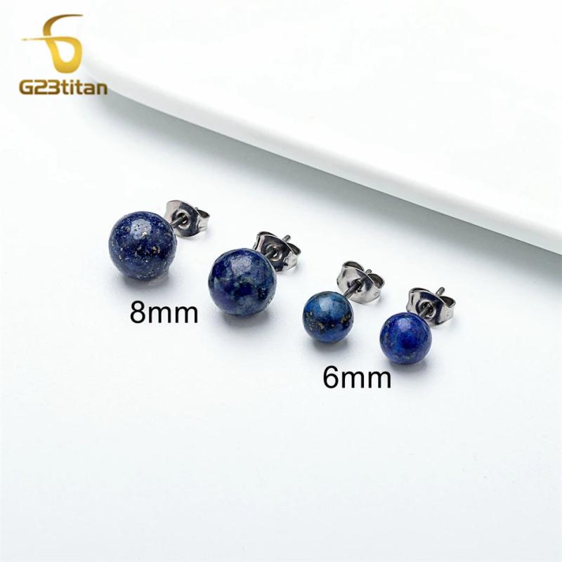 Titanium Lapis Lazul Stone Earrings Women Men Ear Studs