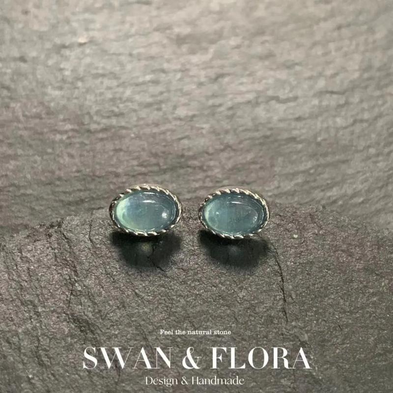 Vintage Natural Aquamarine Stud Earrings 925 Sterling Silver Women Gift