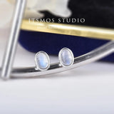 Rainbow Moonstone Studs Edge Earrings Silver Post Natural Gemstone Oval Earring