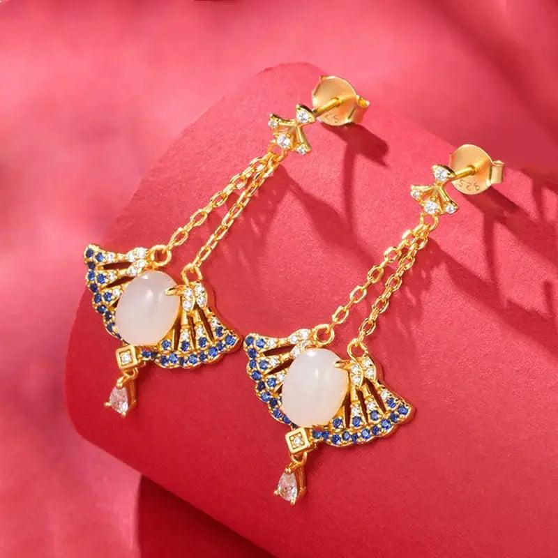Silver Inlaid Apricot Leaf Crystal Earrings for Women