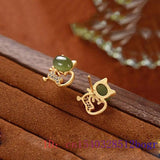 Jade Cat Stud Earrings Gemstones 925 Silver Talismans