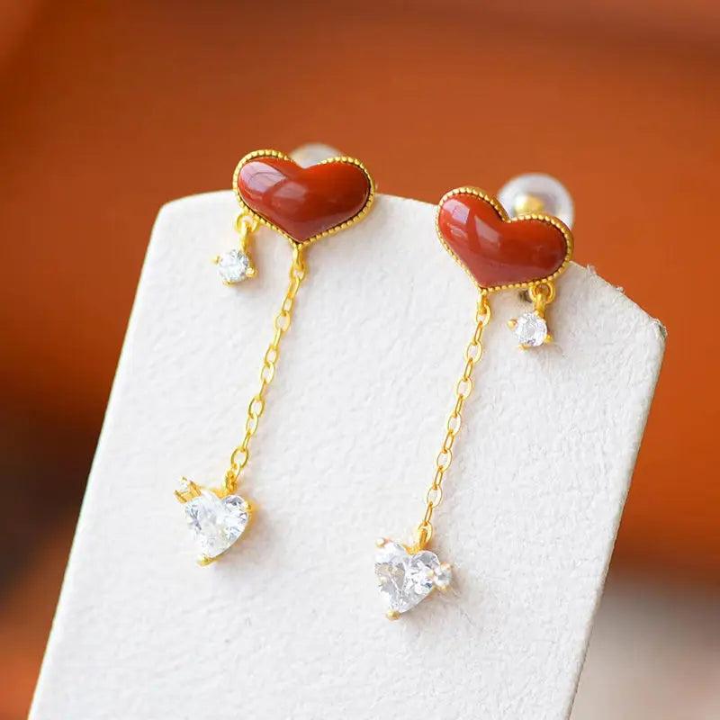Silver Inlaid with Natural Red Love Agate Long Earrings