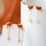 Silver Inlaid with Natural Red Love Agate Long Earrings