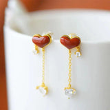 Silver Inlaid with Natural Red Love Agate Long Earrings