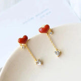 Silver Inlaid with Natural Red Love Agate Long Earrings
