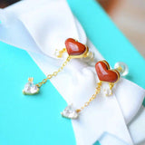 Silver Inlaid with Natural Red Love Agate Long Earrings