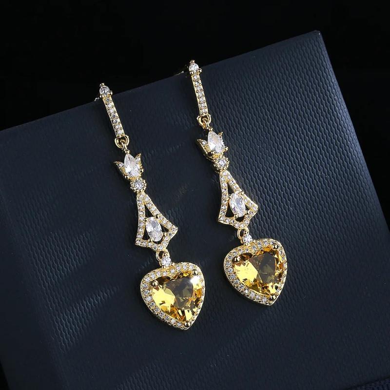 925 Silver Heart-shaped Drop Earrings with Yellow Gemstone