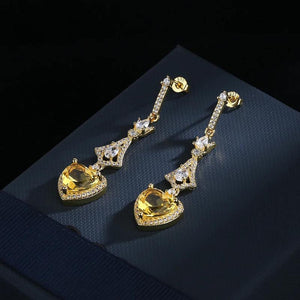 925 Silver Heart-shaped Drop Earrings with Yellow Gemstone