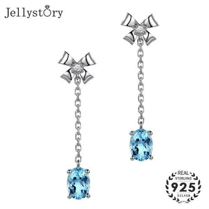 925 Silver Earrings Oval Sapphire Bowknot Drop Wedding