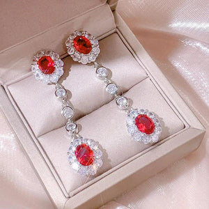 Red Gem Rhinestone Tassel Earrings Bridal Wedding Crystal