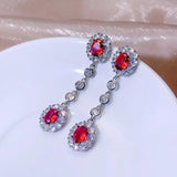 Red Gem Rhinestone Tassel Earrings Bridal Wedding Crystal