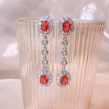 Red Gem Rhinestone Tassel Earrings Bridal Wedding Crystal
