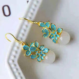 Natural Hetian Jade Plant Flower Earrings Chinese Retro Enamel Craft