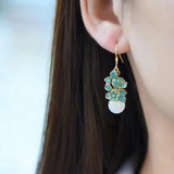 Natural Hetian Jade Plant Flower Earrings Chinese Retro Enamel Craft