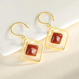 Retro Style Red Tourmaline Square Earrings