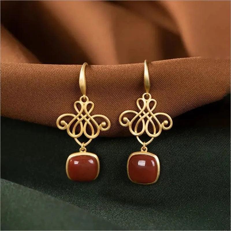 Hotan Red Tourmaline Chinese Knot Earrings Retro Court Silver Jewelry