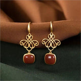 Hotan Red Tourmaline Chinese Knot Earrings Retro Court Silver Jewelry