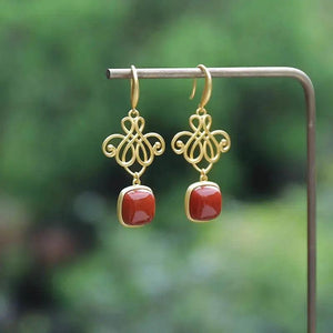 Hotan Red Tourmaline Chinese Knot Earrings Retro Court Silver Jewelry