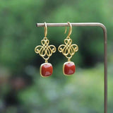 Hotan Red Tourmaline Chinese Knot Earrings Retro Court Silver Jewelry
