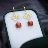 Hotan Red Tourmaline Chinese Knot Earrings Retro Court Silver Jewelry