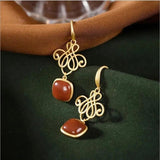 Hotan Red Tourmaline Chinese Knot Earrings Retro Court Silver Jewelry