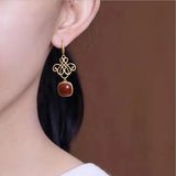 Hotan Red Tourmaline Chinese Knot Earrings Retro Court Silver Jewelry