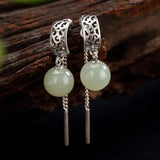 Green Hetian Jade Inlaid Round Bead Earrings Jewelry