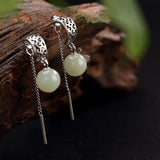 Green Hetian Jade Inlaid Round Bead Earrings Jewelry