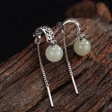 Green Hetian Jade Inlaid Round Bead Earrings Jewelry