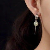 Green Hetian Jade Inlaid Round Bead Earrings Jewelry