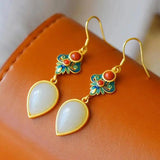 Hetian Jade Water Drop Earrings Cloisonne Enamel Ethnic Women's Jewelry