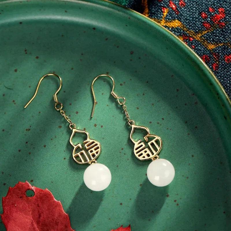 Natural Hetian Jade Gourd Earrings Chinese Palace Women's Jewelry