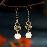 Natural Hetian Jade Gourd Earrings Chinese Palace Women's Jewelry