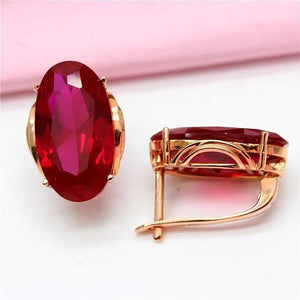 Purple Red Crystal Earrings, 14K Rose Gold Plated, Engagement Jewelry