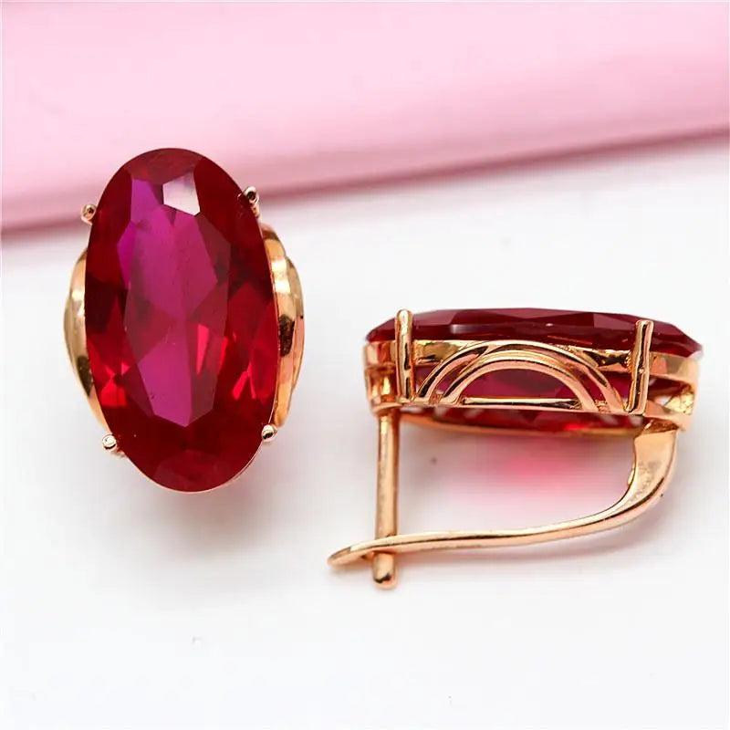 Purple Red Crystal Earrings, 14K Rose Gold Plated, Engagement Jewelry