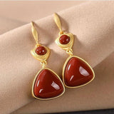 Natural Hetian Jade Southern Red Geometric Earrings Chinese Retro Palace