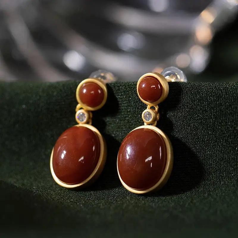 Hetian Red Tourmaline Earrings Chinese Retro Palace Craft Silver Jewelry