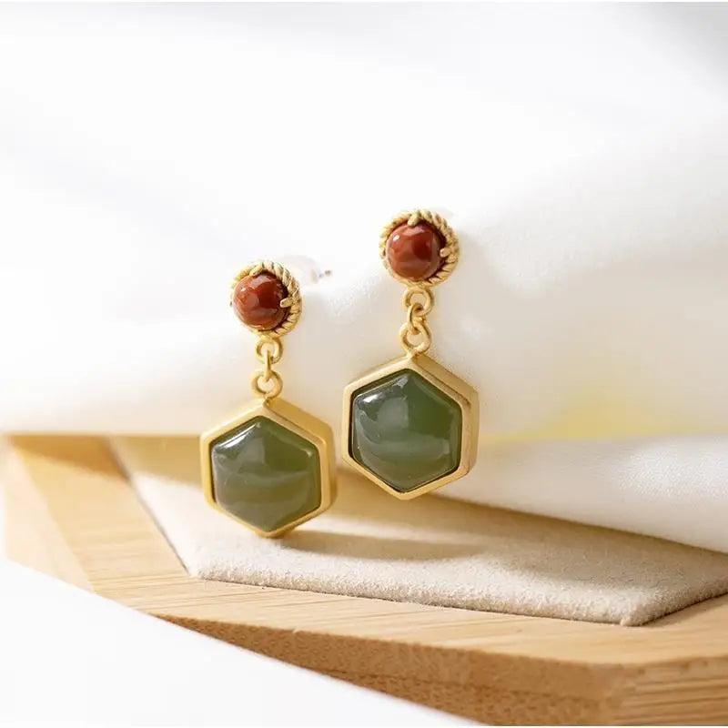 Hetian Jade Hexagonal Earrings Retro Palace Silver Jewelry