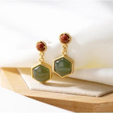 Hetian Jade Hexagonal Earrings Retro Palace Silver Jewelry