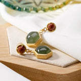Hetian Jade Hexagonal Earrings Retro Palace Silver Jewelry