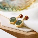 Hetian Jade Hexagonal Earrings Retro Palace Silver Jewelry