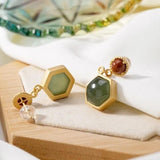 Hetian Jade Hexagonal Earrings Retro Palace Silver Jewelry