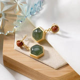 Hetian Jade Hexagonal Earrings Retro Palace Silver Jewelry