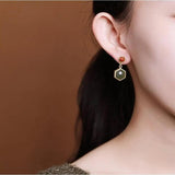 Hetian Jade Hexagonal Earrings Retro Palace Silver Jewelry