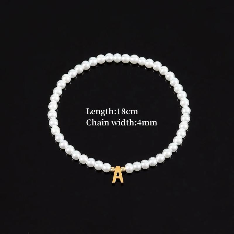 Stainless Steel Initial Letter Bracelet with Pearl Bead for Women