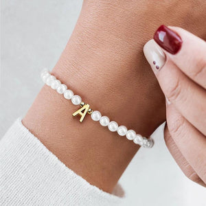 Stainless Steel Initial Letter Bracelet with Pearl Bead for Women
