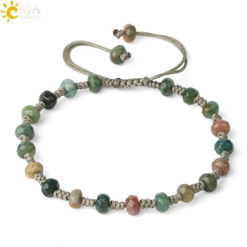 CSJA Stone Bead Bracelet 6mm Crystal Quartz Gray Rope Women Healing Jewelry