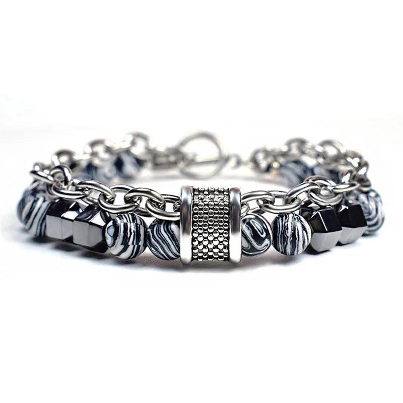 Natural Stone Beads Stainless Steel Bracelet Men Women Hiphop Jewelry