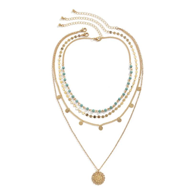 Boho Turquoise Beaded Necklace Set Flower Pendant Chain Summer Jewelry